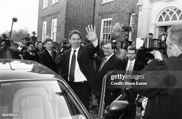 British Labour politicians, Tony Blair and John Prescott flanked by photographers as they embark on their National Election campaign at Maidstone,...