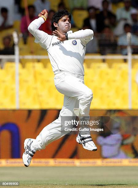 Shanthakumaran Sreesanth of India bowling during day one of the second test match between India and South Africa held at Sardar Patel Gujarat Stadium...