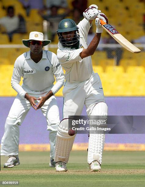 Hashim Amla of South Africa in his innings of 16 runs during day one of the second test match between India and South Africa held at Sardar Patel...