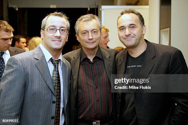 Antonino Di Giovanni, Pietro Figgi and Gino Nalini, attend the official launch for the first Faconnable store in Australia on April 3, 2008 in...