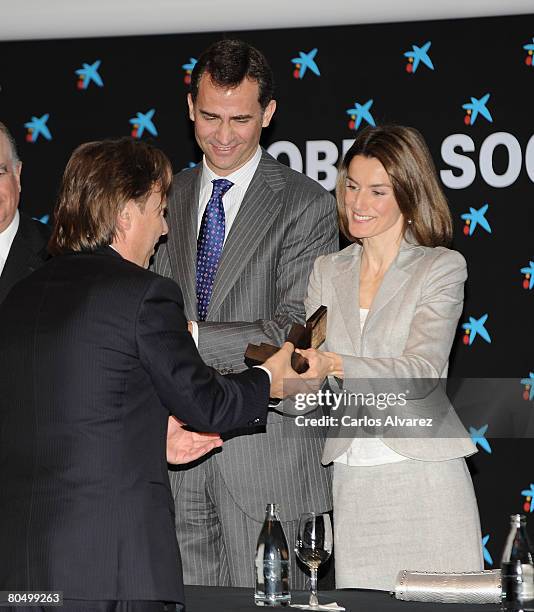 Crown Prince Felipe and Princess Letizia of Spain attend "Empresa y Sociedad" Awards on April 03, 2008 at Caixaforum Building in Madrid, Spain.