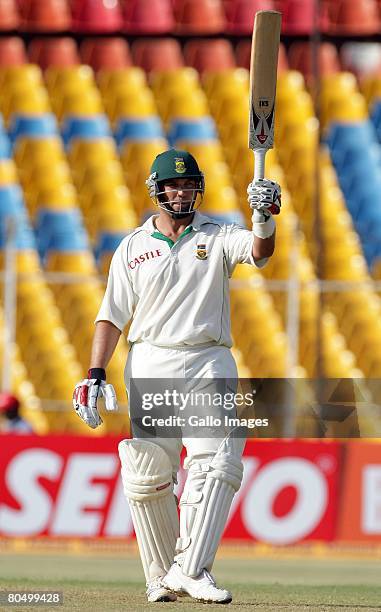 Jacques Kallis of South Africa celebrates his 50 runs during day one of the second test match between India and South Africa held at Sardar Patel...