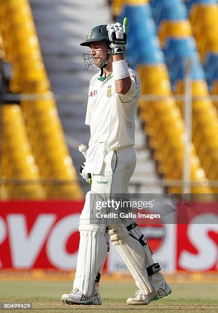 De Villiers of South Africa celebrates his 50 runs during day one of the second test match between India and South Africa held at Sardar Patel...