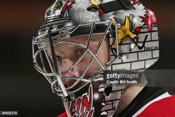 Goalie Nikolai Khabibulin of the Chicago Blackhawks watches play during a game against the Columbus Blue Jackets on March 30, 2008 at the United...