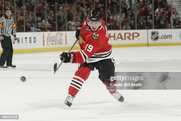 Jonathan Toews of the Chicago Blackhawks fires a shot against the Columbus Blue Jackets on March 30, 2008 at the United Center in Chicago, Illinois.