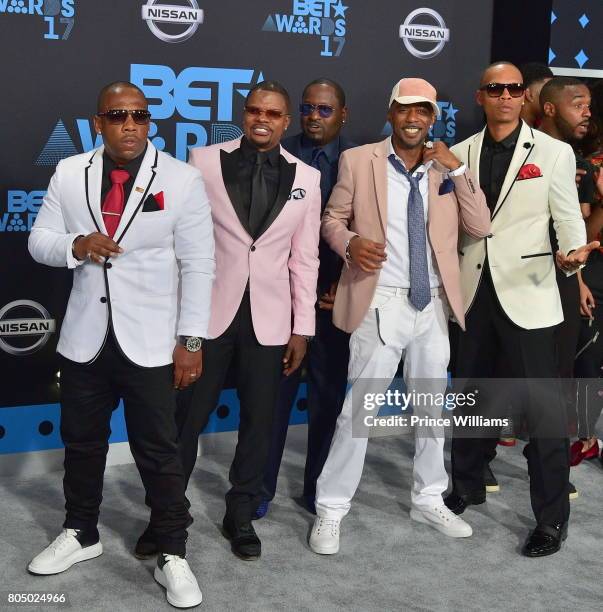 Michael Bivins, Ricky Bell, Johnny Gill, Ralph Tresvant and Ronnie DeVoe of New Edition attends the 2017 BET Awards at Microsoft Theater on June 25,...