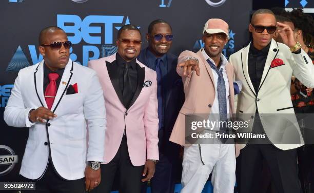 Michael Bivins, Ricky Bell, Johnny Gill, Ralph Tresvant and Ronnie DeVoe of New Edition attends the 2017 BET Awards at Microsoft Theater on June 25,...
