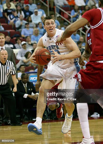 Tyler Hansbrough of the North Carolina Tar Heels moves with the ball against the Arkansas Razorbacks during the 2nd round of the East Regional of the...