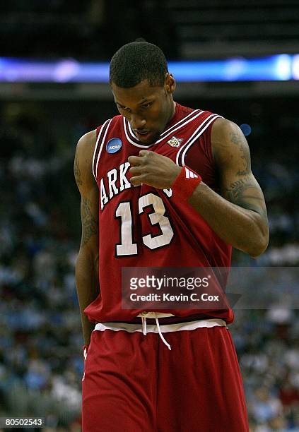 Sonny Weems of the Arkansas Razorbacks looks on during the 2nd round of the East Regional of the 2008 NCAA Men's Basketball Tournament against the...