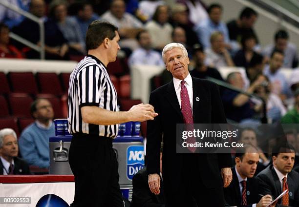 Head coach Bob McKillop of the Davidson Wildcats has a word with a referee during the 2nd round of the East Regional game of the 2008 NCAA Men's...