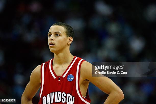 Stephen Curry of the Davidson Wildcats looks on against the Georgetown Hoyas during the 2nd round of the East Regional of the 2008 NCAA Men's...