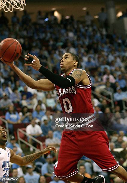 Gary Ervin the Arkansas Razorbacks lays up a shot against the North Carolina Tar Heels during the 2nd round of the East Regional of the 2008 NCAA...