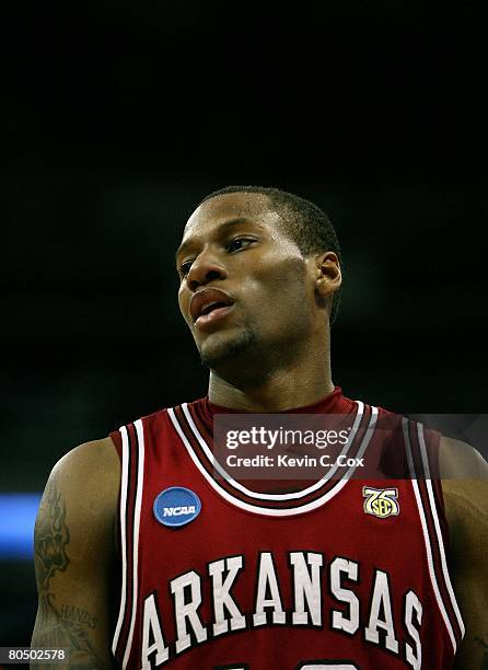 Marcus Britt of the Arkansas Razorbacks looks on during the 2nd round of the East Regional of the 2008 NCAA Men's Basketball Tournament against the...