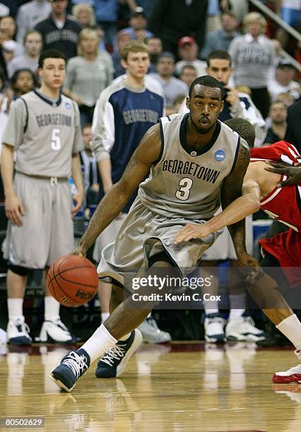 DaJuan Summers of the Georgetown Hoyas dribbles the ball against the Davidson Wildcats during the 2nd round of the East Regional of the 2008 NCAA...