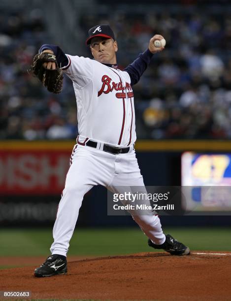 Pitcher Tom Glavine of the Atlanta Braves throws a pitch in his first game back with the Braves during the game against the Pittsburgh Pirates on...