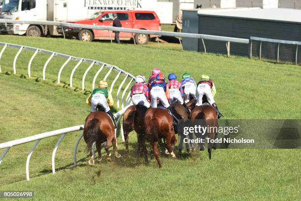 The Narcissist ridden by Brad McLean first time round in the Coleraine Wool Maiden Hurdle at Casterton Racecoure on July 01, 2017 in Casterton,...