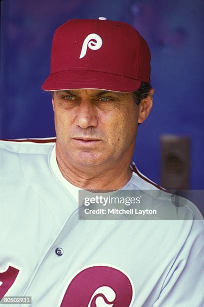 Jim Fregosi, manager of the Philadelphia Phillies, looks on during a baseball game on June 1, 1991 at Veterans Stadium in Philadelphia, Pennsylvania.