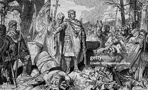 Charlemagne, 2 April 742/747/748 - 28 January 814, also known as Charles the Great. The destruction of Irminsul, historical illustration.