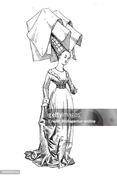 Lady with french - burgundy Court-costume with high hat and veil on wire rack, ca 1450, History of fashion, costume story.
