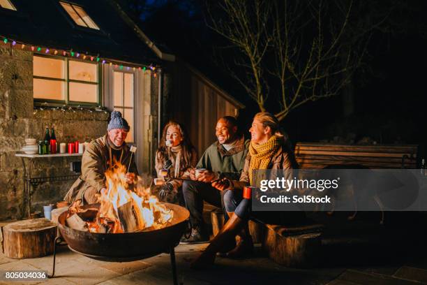 relaxing evening by the fire - party and winter stock pictures, royalty-free photos & images