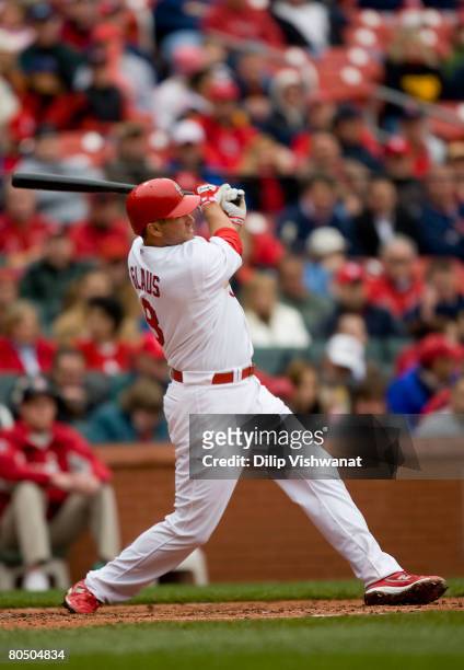 Troy Glaus of the St. Louis Cardinals collects an RBI hit against the Colorado Rockies on April 3, 2008 at Busch Stadium in St. Louis, Missouri. The...