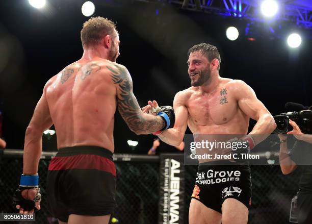 Jon Fitch celebrates after defeating Brian Foster in the welterweight main event during Professional Fighters League: Daytona at Daytona...