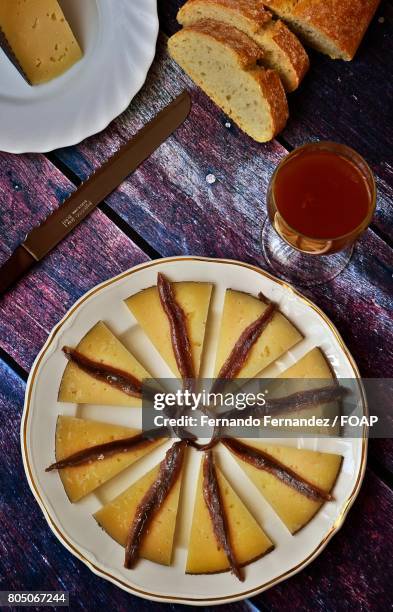 cured cheese with anchovies - queso español fotografías e imágenes de stock