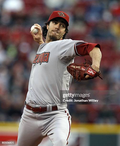 Dan Haren of the Arizona Diamondbacks pitches during the game against the Cincinnati Reds at Great American Ball Park in Cincinnati, Ohio on April 2,...