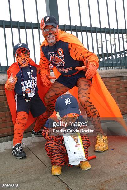 Detroit Tigers fans show their spirit on Opening Day before the game between the Kansas City Royals and the Detroit Tigers at Comerica Park in...