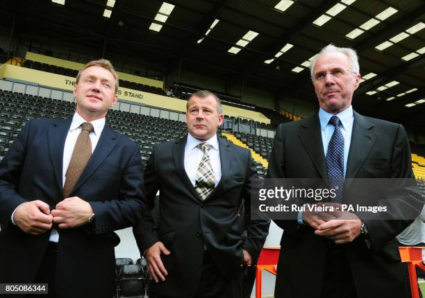 Sven Goran Eriksson with team manager Ian McParland and executive chairman Peter Trembling during the press conference at Meadow Lane, Nottingham.