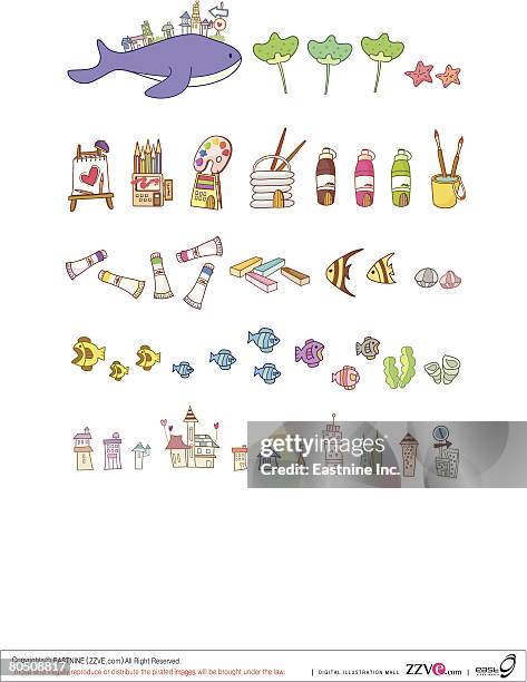 variation of colorful objects displayed in a row against white background - pencil case stock illustrations