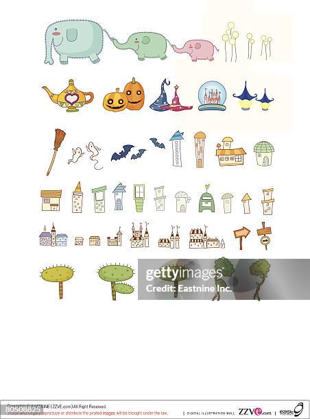 variation of colorful objects displayed in a row against white background - different faces collage stock illustrations
