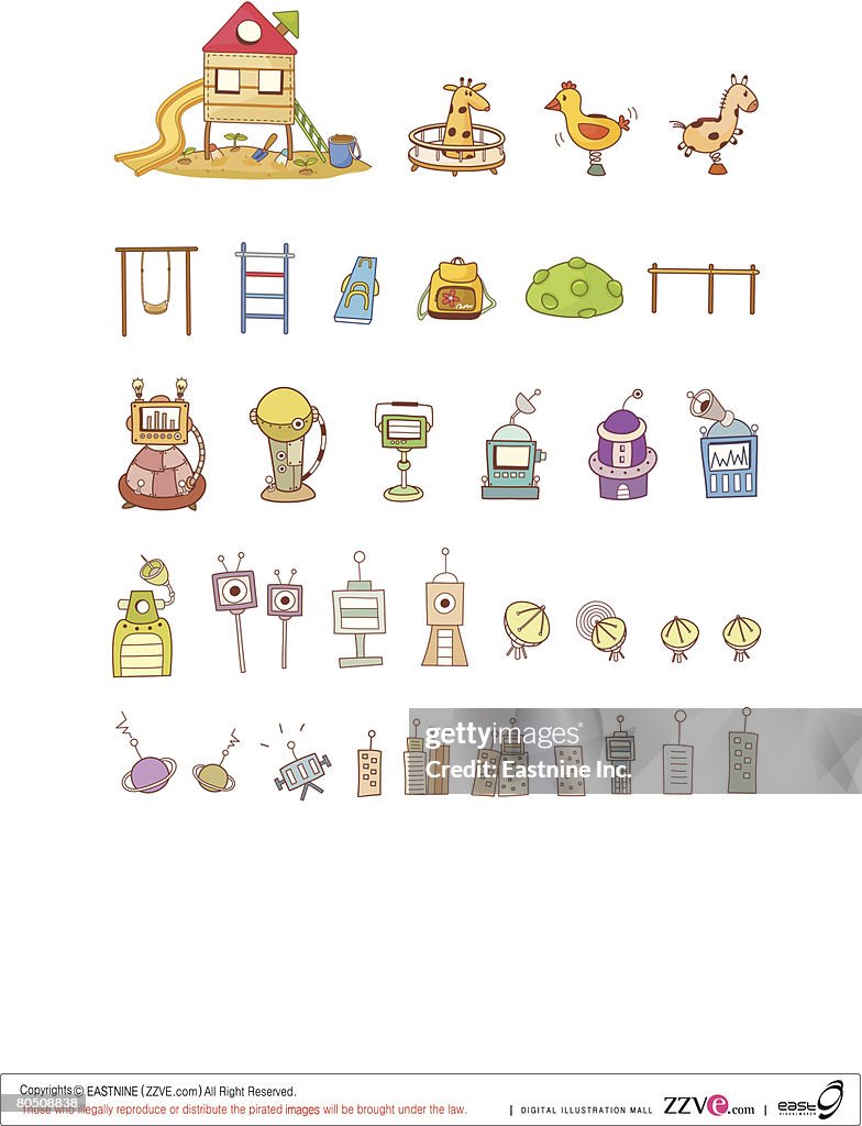 Variation of colorful objects displayed in a row against white background