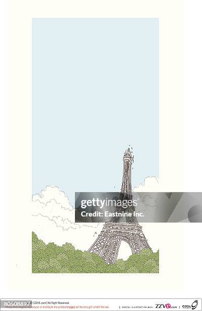 low angle view of tall eiffel tower against sky with clouds - tree from below stock illustrations