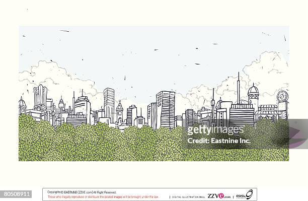 stockillustraties, clipart, cartoons en iconen met trees with cityscape in background against cloudy sky - sky and trees green leaf illustration