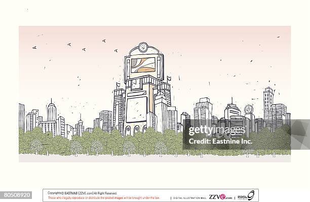 stockillustraties, clipart, cartoons en iconen met trees with cityscape in background against sky - sky and trees green leaf illustration