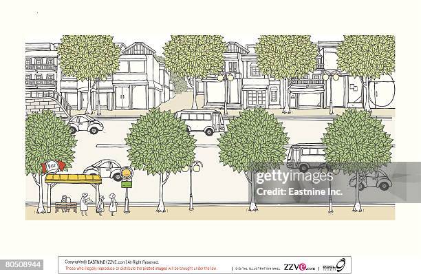people waiting in bus stop on road - bus side stock illustrations
