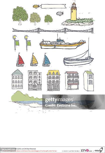 variation of objects displayed against white background - plane window view stock illustrations