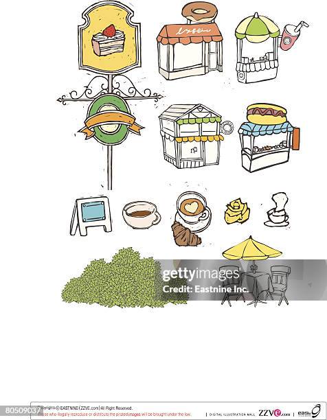 variation of objects displayed against white background - coffee on table front view stock illustrations