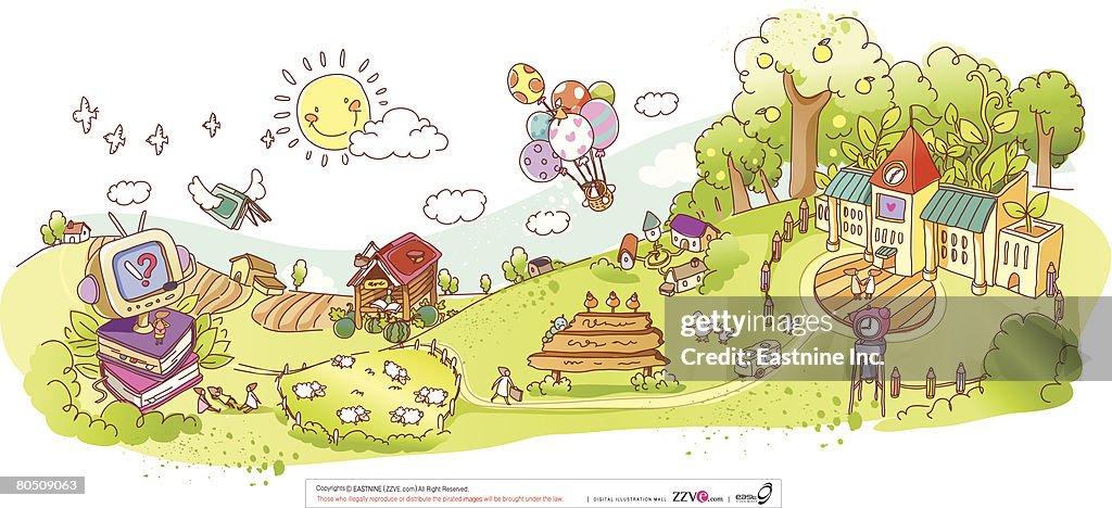 School with houses, helium balloons and sheep grazing on grass