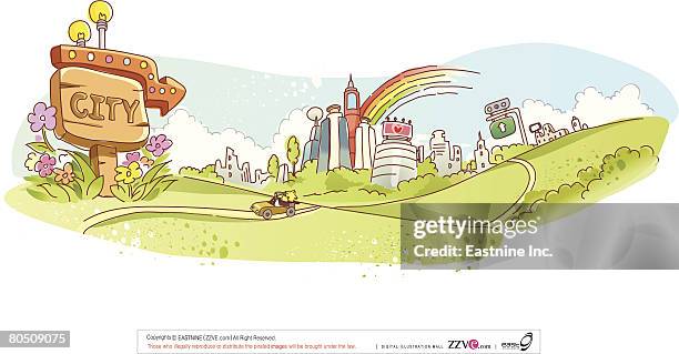 arrow sign indicating city with buildings and rainbow while car passing by it - go crazy stock illustrations