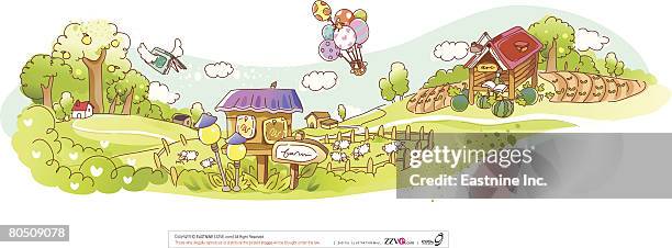 illustrations, cliparts, dessins animés et icônes de view of a non-urban scene with sheep grazing while a person reading book - non urban scene