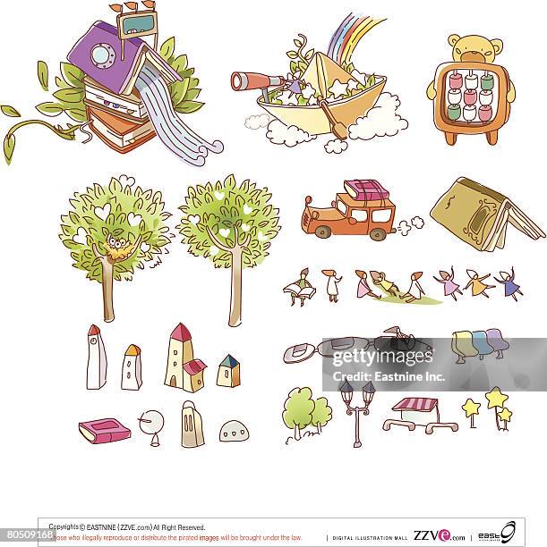 variation of objects displayed against white background - lying on roof of car stock illustrations