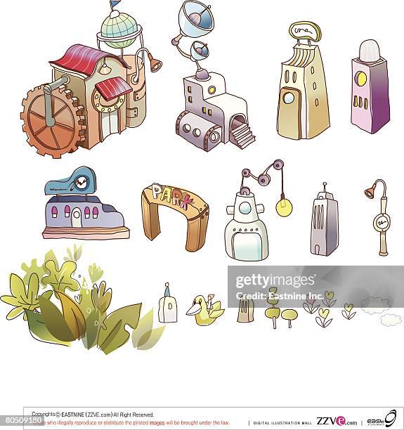 variation of objects displayed against white background - pharmaceutical manufacturing machine stock illustrations