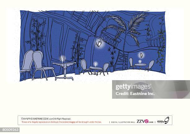 tables and chairs arranged at cafe by potted plants outside building - empty table front view stock illustrations