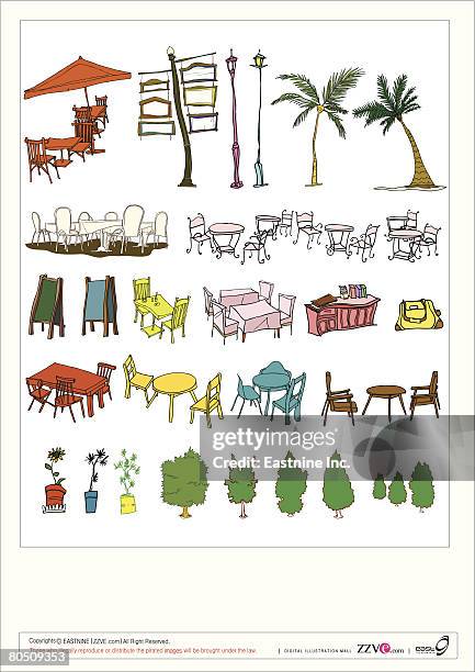 variation of objects displayed against white background - empty table front view stock illustrations