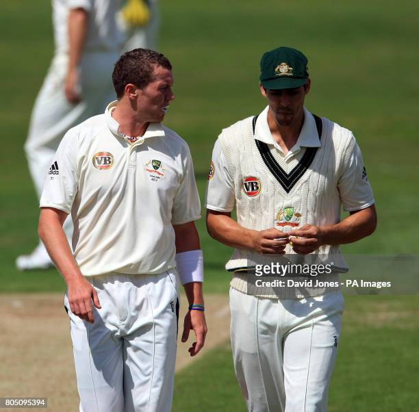 Australia's Peter Siddle and Mitchell Johnson during the tour match at the County Ground, Northampton.