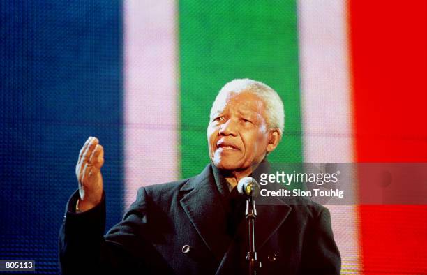 Ex-South African President Nelson Mandela speaks at the Celebrate South Africa Concert April 29, 2001 in Trafalgar Square in London, England. The...