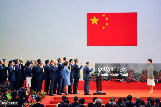 Carrie Lam Cheng Yuet-Ngor, Hong Kong's new Chief Executive and her new cabinet are sworn in by Chinese President Xi Jinping during an inauguration...