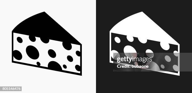 cheese slice icon on black and white vector backgrounds - black and white cheese stock illustrations
